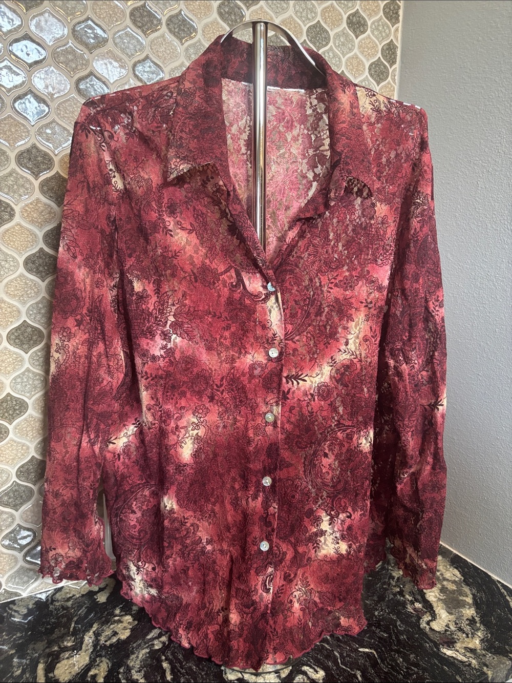 Womens Burgundy Lace Button Down Blouse